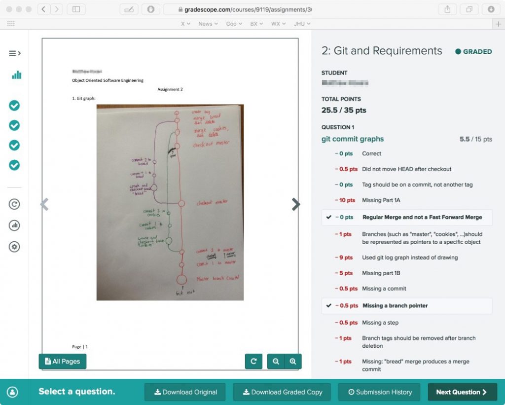 Screenshot showing student's submission with rubric items used in grading.