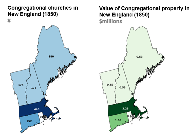 Two maps of 1850 New England showing the number of congregational churches and the value of congregational property. Data points plotted by students using AI.