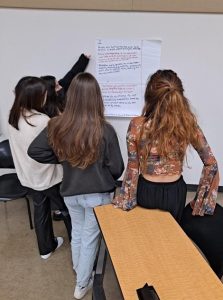 College students in a classroom doing a gallery walk.