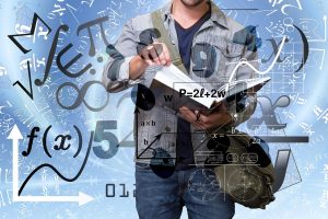 Student reading a textbook with an overload of equations and symbols swirling around him