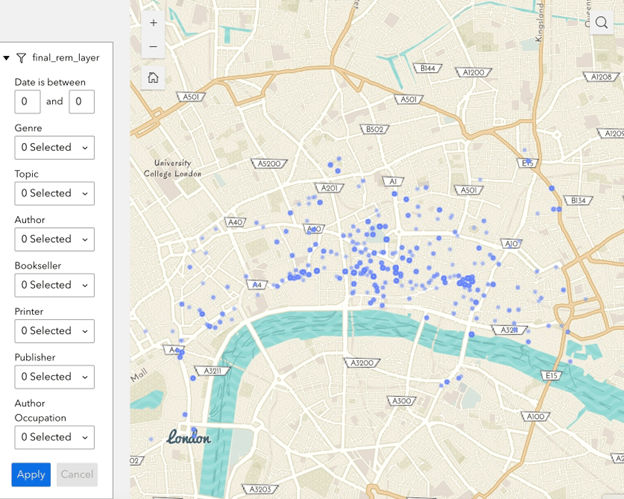 Portion of a map of early-modern London showing locations where medical books were published and sold