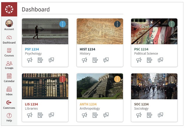 Canvas dashboard showing links to six courses each with a different course card image