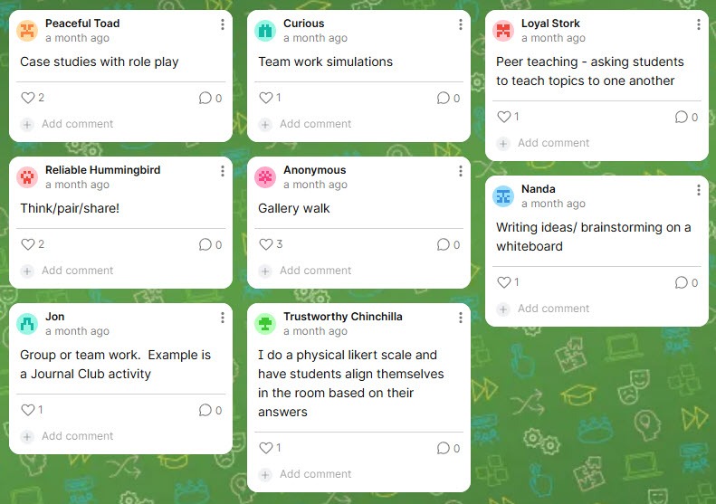 Faculty responses to a prompt asking about favorite active learning exercises using an online tool called Padlet.